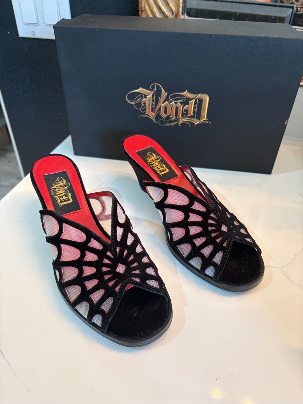 Kat Von D Black Webbed Adele Kitten Heel Slide Mules